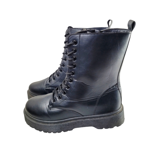 BM Collection Black Vegan Leather Platform Combat Boots Size 10 - Picture 3 of 11